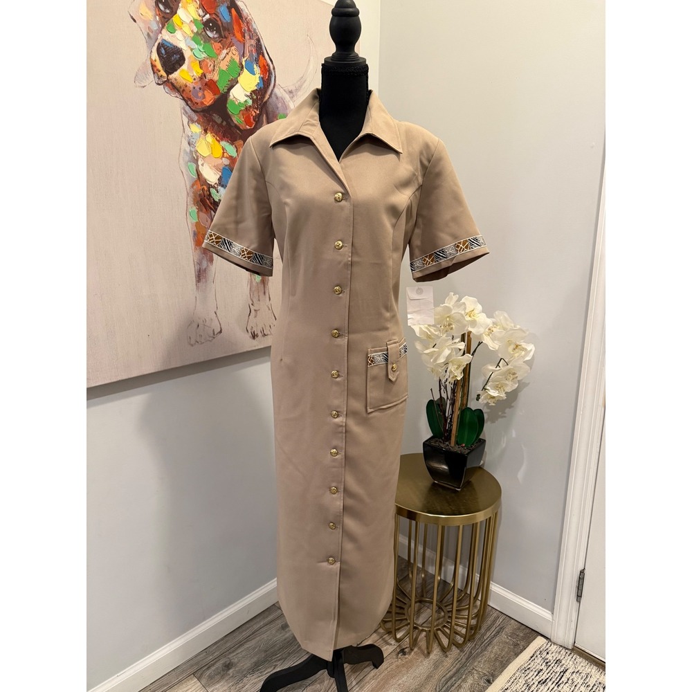 BFA Classics Tan Khaki Safari Maxi Dress, Size 14